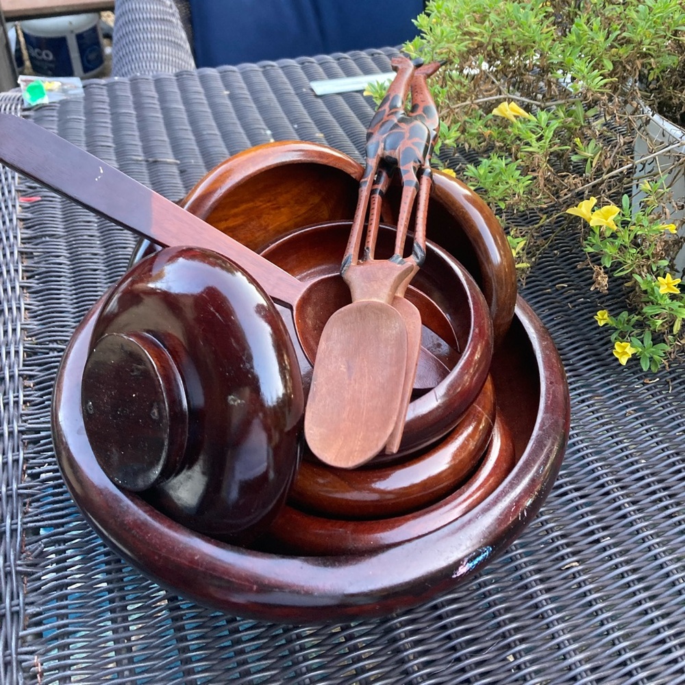 Vintage hand crafted wooden salad 9 piece set from Haiti